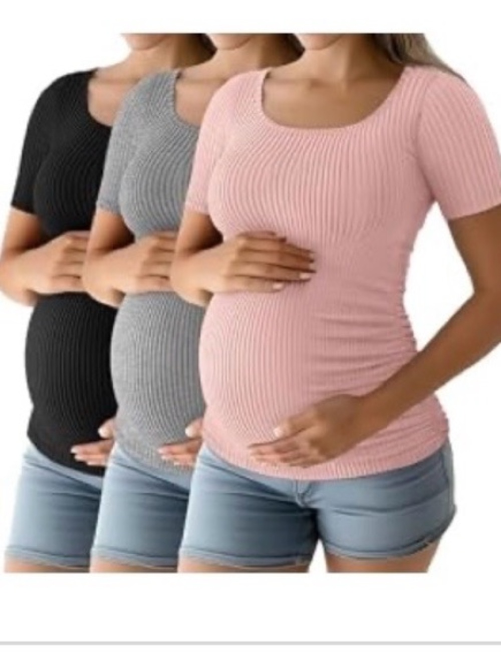 Maternity Ribbed Short Sleeve Scoop Neck Top - Pink, Gray, Black